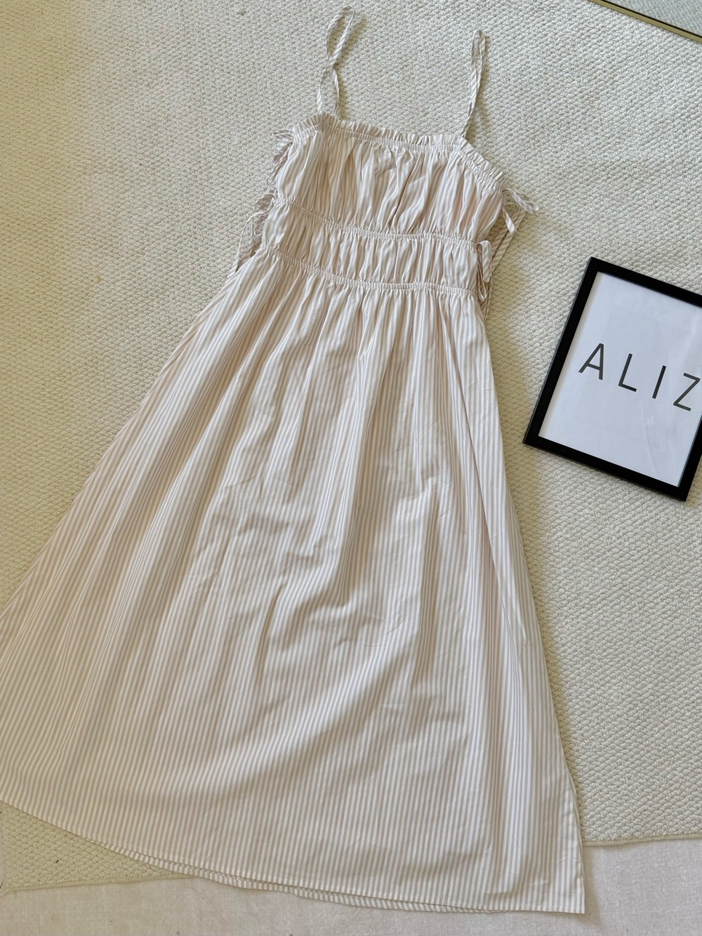 Smocked Cream Striped Maxi Dress with Adjustable Side Ties - Picture 4 of 11
